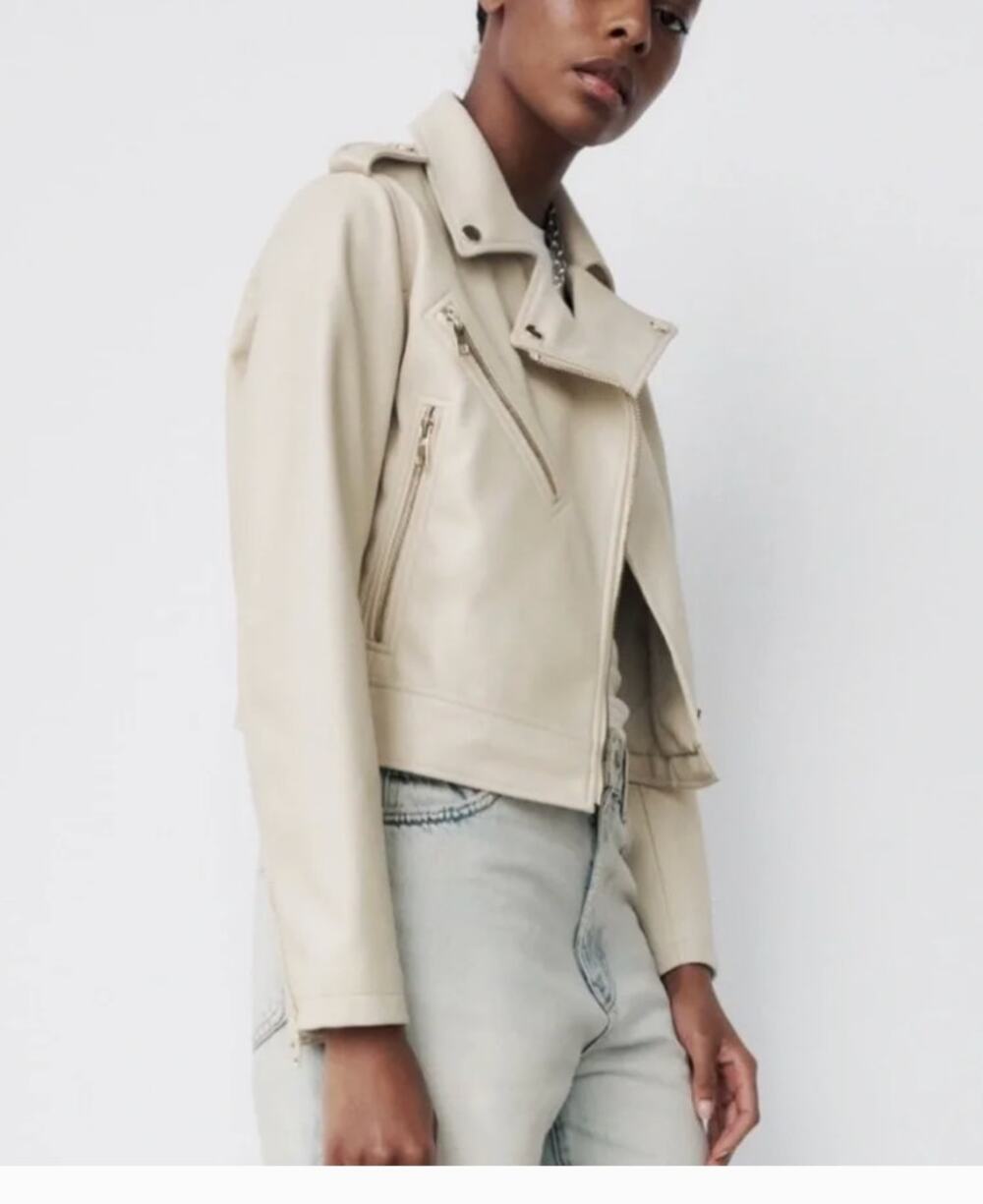 Zara Faux Leather Zippered Moto Jacket Cream Ivory Size Large